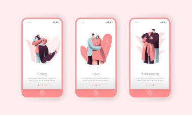 Mobil uygulama ekran kurulum sarılma çift insanları seviyorum. Romantik kalma sarılmak kadın erkek. Web sitesi veya Web sayfası için mutlu karakter tatlı ilişki kavramı. Vektör düz çizgi film illüstrasyon