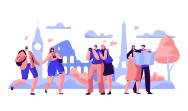 İnsanlar grubu seyahat fotoğraf Europe görüş almak. Sırt çantası, kamera ve harita ile tatil mutlu adam karakter. Hippi kentsel arka plan kavramı düz çizgi film vektör çizim üzerinde Turizm Hiking