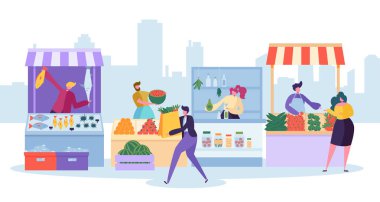 Taze gıda Market Stand. Organik yerel çiftlik Mağazası. Adam müşteri karakter satın bakkal ve balık küçük Eko dükkanda. Sağlıklı ürünler Market Raf kavramı düz çizgi film vektör çizim