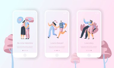 Aşk hikayesi çift karakter hareket eden App Onboard Ekran kümesi. Adam sarılmak kadın tarihte. Web sitesi veya Web sayfası için sevimli insanlar mutlu düğün Romance kavramı. Vektör düz çizgi film illüstrasyon