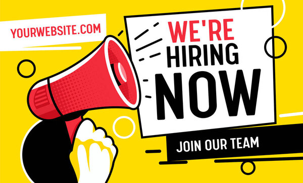 Now Hiring Vacancy Concept Poster Template. Outsource Team Hire Creative Employee. Career Promotion with Red Loudspeaker, Job Opportunity Ad Announcement Banner Pop Art Vector Illustration