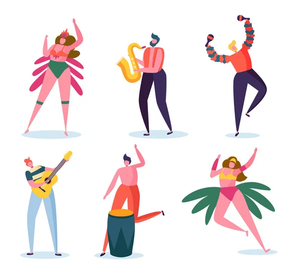 Brazilian Carnival Band Character Set. Fashion Woman in Feather Bikini Dress Dance at Brazil Music Festival. Man Play Guitar and Saxophone for Summer Holiday Isolated Flat Cartoon Vector Illustration — Stock Vector