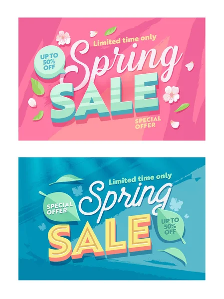 Primavera Temporada Venta Natural Horizontal Banner Plantilla Conjunto. Oferta Descuento Off Price Typography Poster. Diseño de volante de promoción Super Deal con pétalo y hoja para vacaciones Flat Vector Illustration — Vector de stock