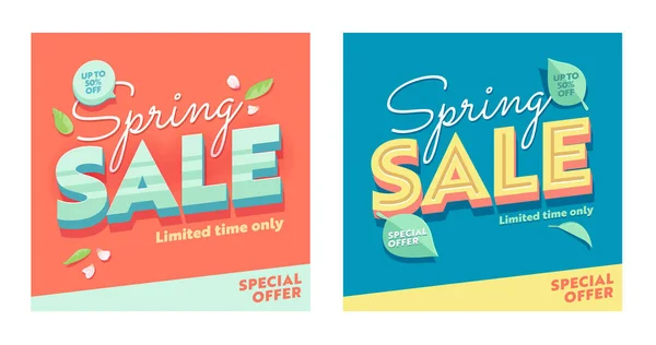 Spring Sale Conjunto de banner quadrado abstrato. Oferta Temporada de Desconto Super Preço Poster. Negócio Hot Deal brilhante Natural Cupom Design com pétala e folha para férias plana Vector Ilustração — Vetor de Stock