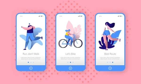 Aktiver urbaner Lebensstil mobile App an Bord Bildschirmset. Mann Läufer Charakter, Frau Fahrrad fahren, Mädchen Eisbahn. City Outdoor Fitness-Konzept für Website oder Webseite. Vektor flache Cartoon-Illustration — Stockvektor