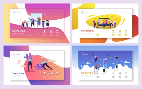 Personer lagarbete företagsinnovation landning sida Set. Kreativ karaktär Team partnerskap för att öka företagets framgång tillväxt. Affärsman Partner koncept för webbsida. Flat tecknade vektorillustration — Stock vektor