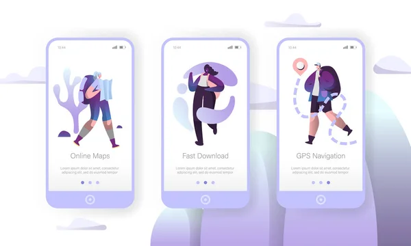 Wisatawan Perjalanan dengan Backpack Mobile App Set. Orang-orang Trekking Adventure Lifestyle. Man Character Hiking to Map Route Guide Concept for Website or Web Page (dalam bahasa Inggris). Ilustrasi Kartun Datar Vektor - Stok Vektor