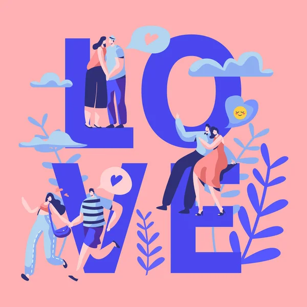 Amore coppia personaggio Incontri Typography Banner. Happy Lover Hug, Kiss, seduto su Park Bench. Concetto di conversazione flirt romantico uomo donna per poster verticale Vector Flat Cartoon Illustration — Vettoriale Stock