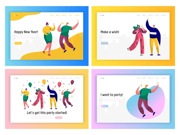 Mutlu iş insanlar yeni yıl partisi açılış sayfası kümesini. Kurumsal ekip karakter kutlamak Noel veya Doğum günü. Office şenlikli tatil Web veya Web sitesi için. Düz çizgi film vektör çizim — Stok Vektör