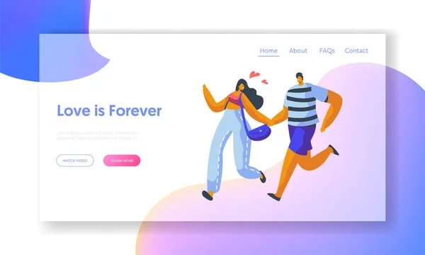 Love Couple Character Run Landing Page Template. Lover Relationship Romantic Story. Woman and Man Together Forever at Valentine Dating Concept for Website or Web Page (dalam bahasa Inggris). Ilustrasi Vektor Kartun Datar - Stok Vektor