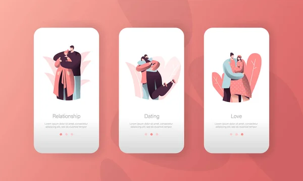 Hou de paar mensen relatie mobiele App Interface instellen. Man vrouw knuffelen op valentijn datum. Romantische minnaar karakter verbinding Concept voor Website of webpagina. Vectorillustratie platte Cartoon — Stockvector