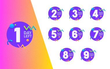 Gün sol sayaç mor daire rozet kümesi. Reklam Promo etiket öğesi tasarım koleksiyonu. Tipografi geometrik Count Banner iş indirim teklif düz vektör çizim için alışveriş