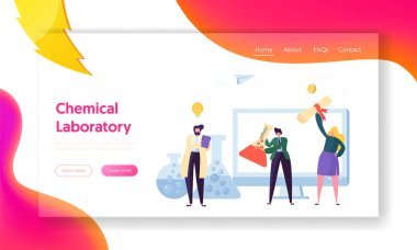 Bilim kimyasal laboratuvar karakter açılış sayfası. Flask deney, çalışma madde olan adam. Kadın Patent yeni tıp formül, para almak için Web sitesi sayfa düz çizgi film vektör çizim