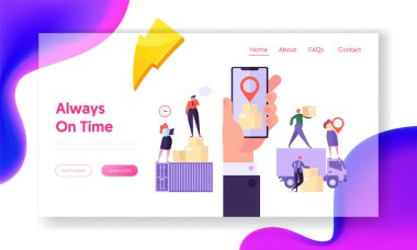 Her zaman zaman kavramı Web sitesi şablonu. El tutma Smartphone ile hareket eden App ekranda kağıt kutusu yığın coğrafi etiket simge ile göster. Çeviren kargo teslim Yöneticisi için taşırlar. Düz çizgi film vektör çizim