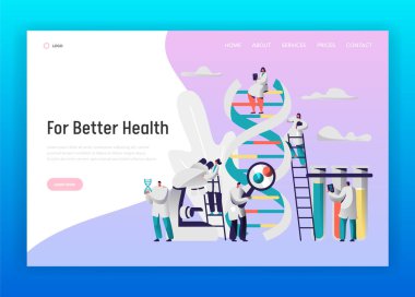 Kimyasal Laboratuvar Test Dna veri açılış sayfası. Tıbbi ilaç Explorer ekipman mikroskop. Erkek araştırmacı keşfetmek grafisi için Web sitesi veya Web sayfası düz vektör karikatür çizim
