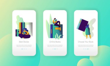 Online Ebook Kütüphane Modern üniversite mobil App sayfa Onboard ekran kurulum. Dijital kitap okuyucu. Kadın kitap okumak, e-öğrenim teknoloji kavramı Web sitesi veya Web sayfası için. Düz çizgi film vektör çizim