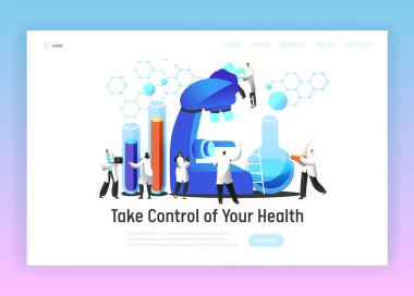 Kimya bilim adamı laboratuvar mikroskop Test açılış sayfası şablonu. Tıbbi karakter araştırma biyoteknoloji deneme için Web sitesi veya Web sayfası düz vektör karikatür çizim ölçek