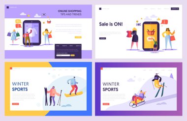 Açılış sayfası kümesini satış ticaret alışveriş online. Kış spor karakter satın indirim fiyat Resort. İş salonu müşteri olay Site için Banner veya Web sayfası. Düz çizgi film vektör çizim