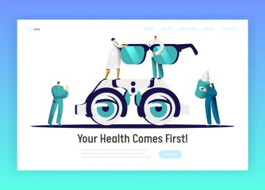 Göz doktoru Doktor analiz gözlük açılış sayfası. Adam düşünülmeli karakter Test damla. Tıbbi Optometrist laboratuvar tedavi gözlük Web sitesi düz çizgi film vektör çizim