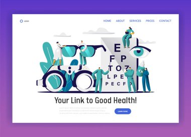 Göz doktoru Doktor onay göz sağlığı açılış sayfası. Adam düşünülmeli karakter işaretçi sınav görme ile. Tıbbi ekip tutun gözlük, tedavi Web sitesi düz çizgi film vektör çizim için açılan