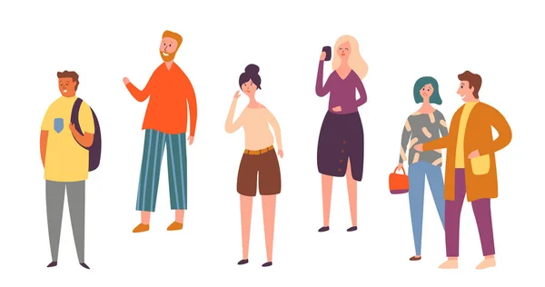 Diversas personas Caracter Pose Set aislado. Persona urbana Multitud Hablando Smartphone. Trabajador ocasional parado solo. Adulto elegante mujer al aire libre colección plana de dibujos animados Vector ilustración — Archivo Imágenes Vectoriales