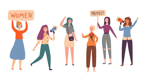 Women Feminism Character Group Protest Strike. Girl Holding Feminist Rights Placard on Democracy Demonstration. Female Political Organization Concept Flat Cartoon Vector Illustration — Stock Vector