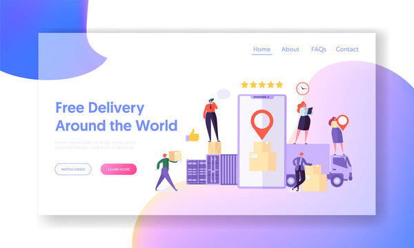 Free Delivery Around World Landing Page. Mobile App Smartphone Screen show Paper Box Stack with Geotag. Businessman Carry Cargo to Truck Website or Web Page Concept Flat Cartoon Vector Illustration