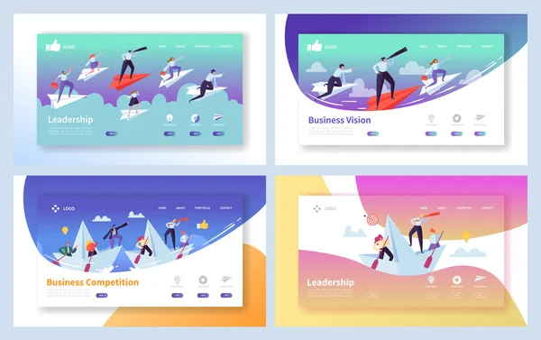 Business Leadership Growth Landing Page Set. Manager Team Challenge for Finance Profit. Personnages Atteindre la direction vers l'avant Concept de métaphore pour site Web Illustration vectorielle de bande dessinée plate — Image vectorielle