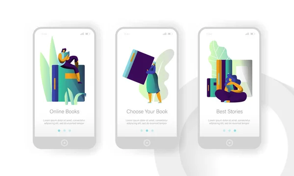 Online-Buchbibliothek moderne Bildung mobile App-Seite an Bord Bildschirmset. digitaler Wörterbuchleser. Frau las eBook Enzyklopädie Konzept für Website oder Web-Seite. flache Zeichentrickvektorillustration — Stockvektor