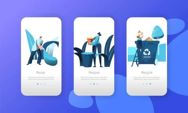 Recyceln organische Mülleimer mobile App-Seite an Bord Bildschirmset. Menschen verwenden Kunststoff, um Umweltverschmutzungskonzepte für Webseiten oder Webseiten zu reduzieren. flache Zeichentrickvektorillustration — Stockvektor