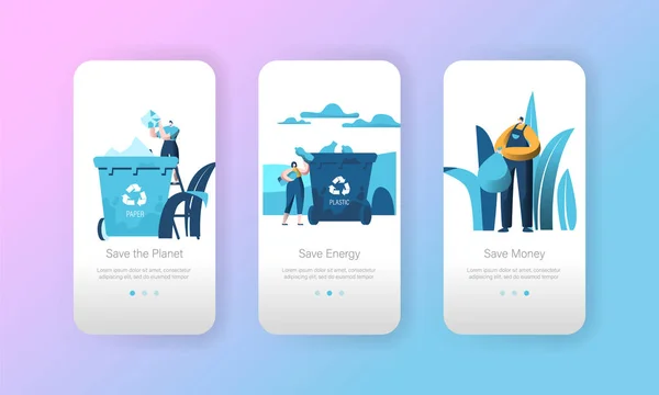 Recycle Paper Lixo Bin Mobile App Page Onboard Screen Set. Pessoas reutilizam o plástico para cuidar da natureza orgânica. Conceito de Estilo de Vida Eco para Site ou Página Web. Desenhos animados plano Vector Ilustração —  Vetores de Stock