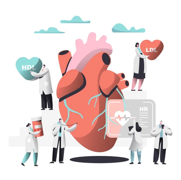 Arts Diagnose hart voor Cholesterol aanwezigheid afbeelding. Vrouw schrijven Case History in persoonlijke Card. vrouwelijke brengen apotheek geneeskunde Container. Menselijke Hold Ldl Hdl hart. Platte Cartoon vectorillustratie — Stockvector