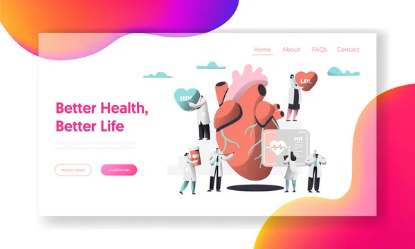 Better Health, Heart Life Test Landing Page. Cardiologue écrire histoire de cas dans la carte personnelle. Femme apporter Conteneur de médecine. Homme avec stéthoscope écouter Heartbeat. Illustration vectorielle de dessin animé plat — Image vectorielle