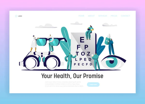 Oftalmólogo Doctor Test Eyesight Landing Page. Oculista masculino con puntero Realizar examen ocular. Equipo médico mantenga las gafas, gota para el Web site del tratamiento Ilustración plana del vector de la historieta — Vector de stock