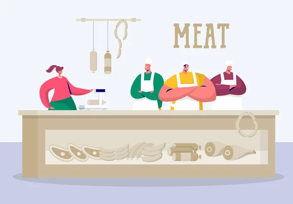 Fleischereifachverkäufer stehen an Fleischprodukten aus der Region. Metzger Lebensmitteleinzelhandel Supermarktbesitzer verkaufen Bio-Schweinefleisch vom Hof. Protein Verkäufer Bauer flache Vektor Cartoon-Illustration — Stockvektor