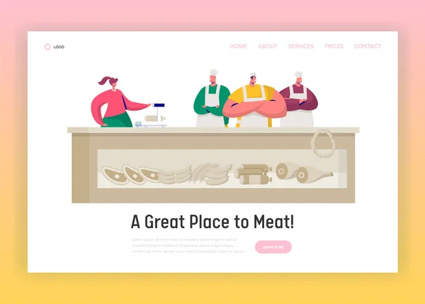 Butcher Shop Market Shopkeeper Landing Page (en inglés). Butchery Retail Business Stand. Propietario del supermercado vender granja local carne concepto de carne para el sitio web o página web plana Vector ilustración de dibujos animados — Vector de stock