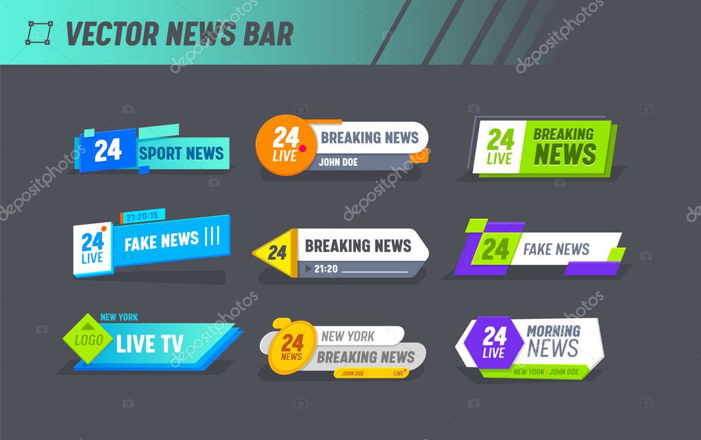 Hot News World Breaking Reportage Typography Banner Template Set. Newsletter Badge for Communication Media Headline. Information Message Announce Circle Poster Flat Cartoon Vector Illustration