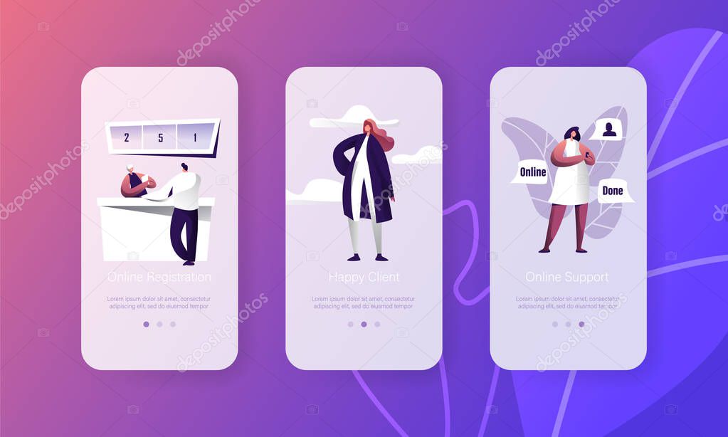 Online Registration Support Customer Character Hepldesk Application Set. Person Register Interface Onboard Screen. Hotline Connection Chat App with Happy Client Flat Cartoon Vector Illustration
