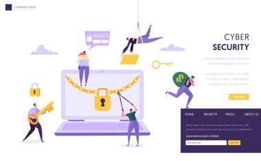Internet şifre güvenlik kavramı açılış sayfası. Adam çalmak güvenli finans veri--dan Laptop. Internet Hacker saldırı bilgisayar koruma teknolojisi web sitesi veya Web sayfası. Düz çizgi film vektör çizim