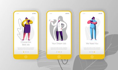 Farklı iş Vacancy fırsat karakter mobil App sayfa Onboard Ekran işe ayarlayın. Şef ve Doktor kariyer fırsatı. İş Fuarı insanlar kavramı Web sitesi veya Web sayfası. Düz çizgi film vektör çizim
