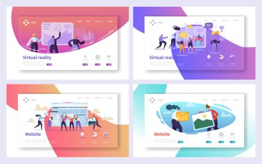 Açılış sayfası kümesini sanal gerçeklik teknolojisi. Görsel oyun gelecek heyecan Kullanıcı karakter için çoğaltmak. Kurgu siber deneyim Web sitesi veya Web sayfası. Düz çizgi film vektör çizim