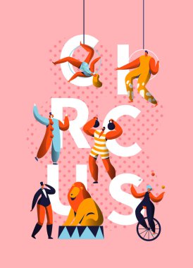 Sirk karnaval palyaço karakteri tipografi afiş. Büyücü ve tek tekerlekli sirk bisikletine hokkabaz performans. Dikey Poster tasarım düz çizgi film vektör çizim reklam komedi kostüm palyaço gösterisi