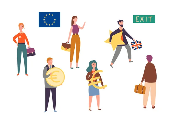 Uk Exit European Union, Brexit Concept Character Set. Man Leave Eu with Star. Britain National Politics Reform to Stop Economic Crisis. People Hold Currency Sign Flat Cartoon Vector Illustration — Stock Vector