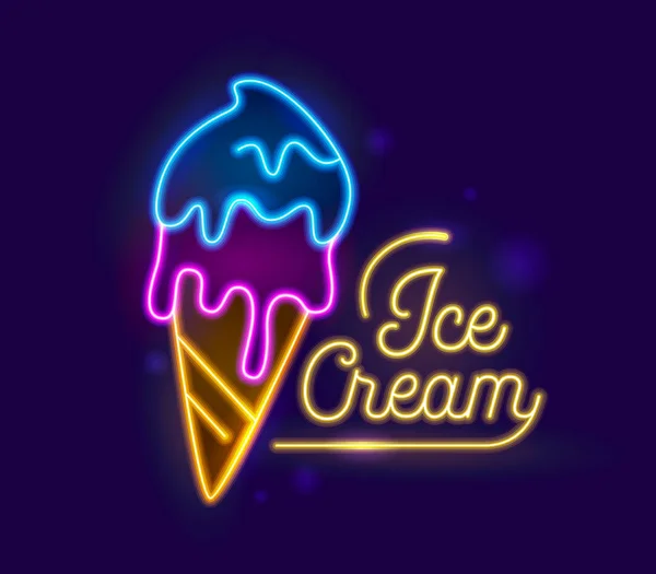 Ijs Neon licht Retro typografie Banner ontwerp. Icecream Dessert nacht verlicht gloeiende teken. Fruit Sundae in kegel voedsel Element voor zomer reclame Poster platte Cartoon vectorillustratie — Stockvector