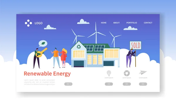 绿色可再生能源太阳能和风能登陆页面。生态屋概念与快乐的人购买风车电力之家。房地产代理网站或网页。平面动画片向量例证 — 图库矢量图片