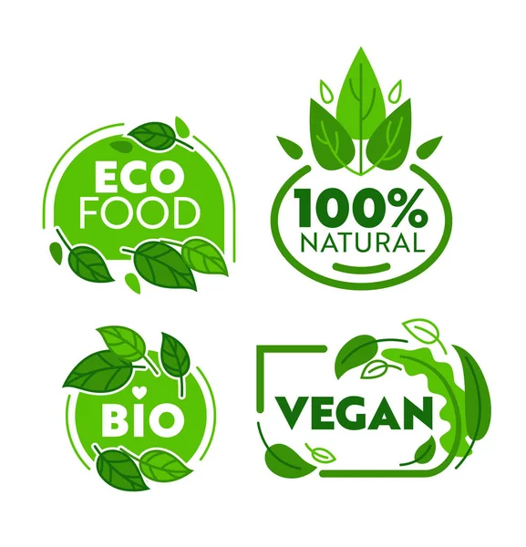 Zielony Eco Wegetariańska żywność ekologiczna naklejki zestaw. Bio Vegan odznaka sklep kolekcja naturalny opieki zdrowotnej styl życia. Odnowy biologicznej odżywianie reklama plakat płaskie kreskówka wektor ilustracja — Wektor stockowy