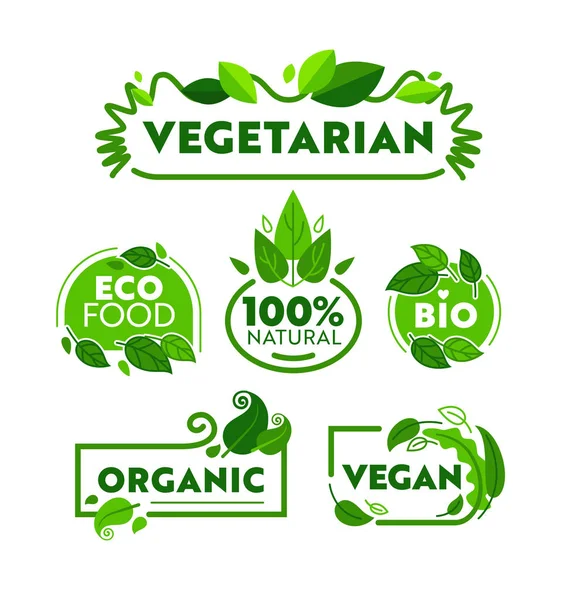 Zielony Eco Wegetariańska żywność ekologiczna ikona transparent zestaw. Wegańskie Bio natura sklep odznaka kolekcja ekologia opieki zdrowotnej. Odnowy biologicznej Lifestyle reklama plakat płaskie kreskówka ilustracja wektorowa — Wektor stockowy