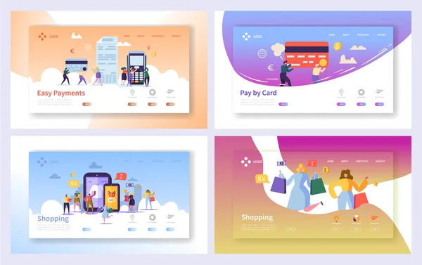 Achats en ligne Paiement Transaction Landing Page Set. Internet E-commerce Store Vente Technologie. Marketing Retail Commerce Banking Concept Site Web ou page Web. Illustration vectorielle de dessin animé plat — Image vectorielle