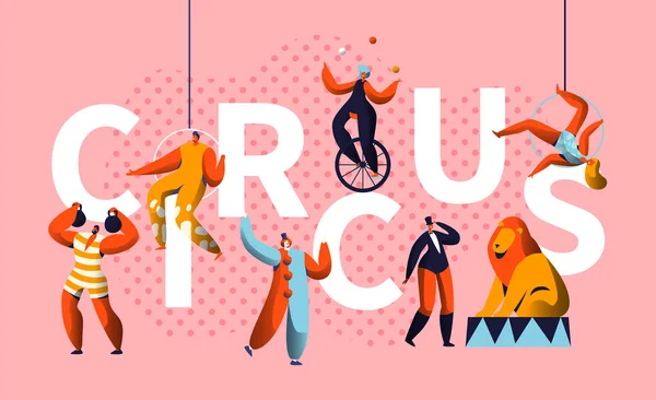 Цирк Карнавал Показати характер Типографія Горизонтальний плакат. Чарівник і Unicycle Juggler Entertainment. смішний костюм сильний барвистий рекламний лист банер плоский мультфільм Векторні ілюстрації — стоковий вектор