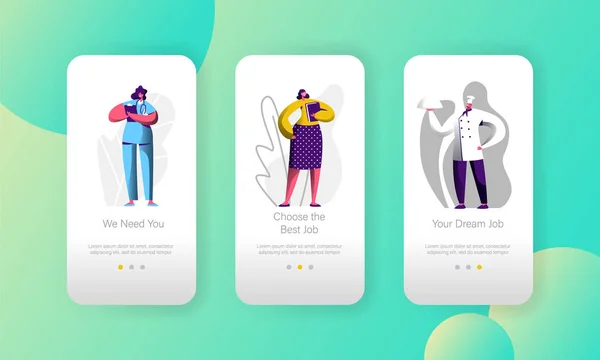 Job Vacancy yang berbeda Pilih Opportunity Character Mobile App Page Onboard Screen Set. Chef dan Dokter Karir Kandidat. Situs Web Bisnis Perekrutan Hr atau Web Page. Ilustrasi Vektor Kartun Datar - Stok Vektor